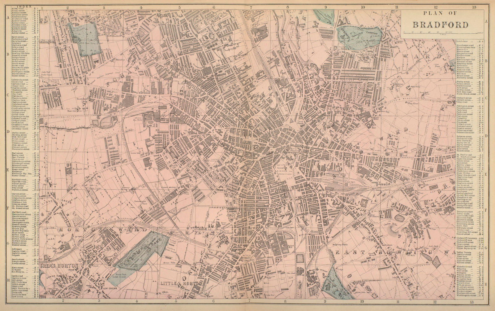 BRADFORD Manningham Undercliff Horton Bowling town city plan GW BACON 1883 map